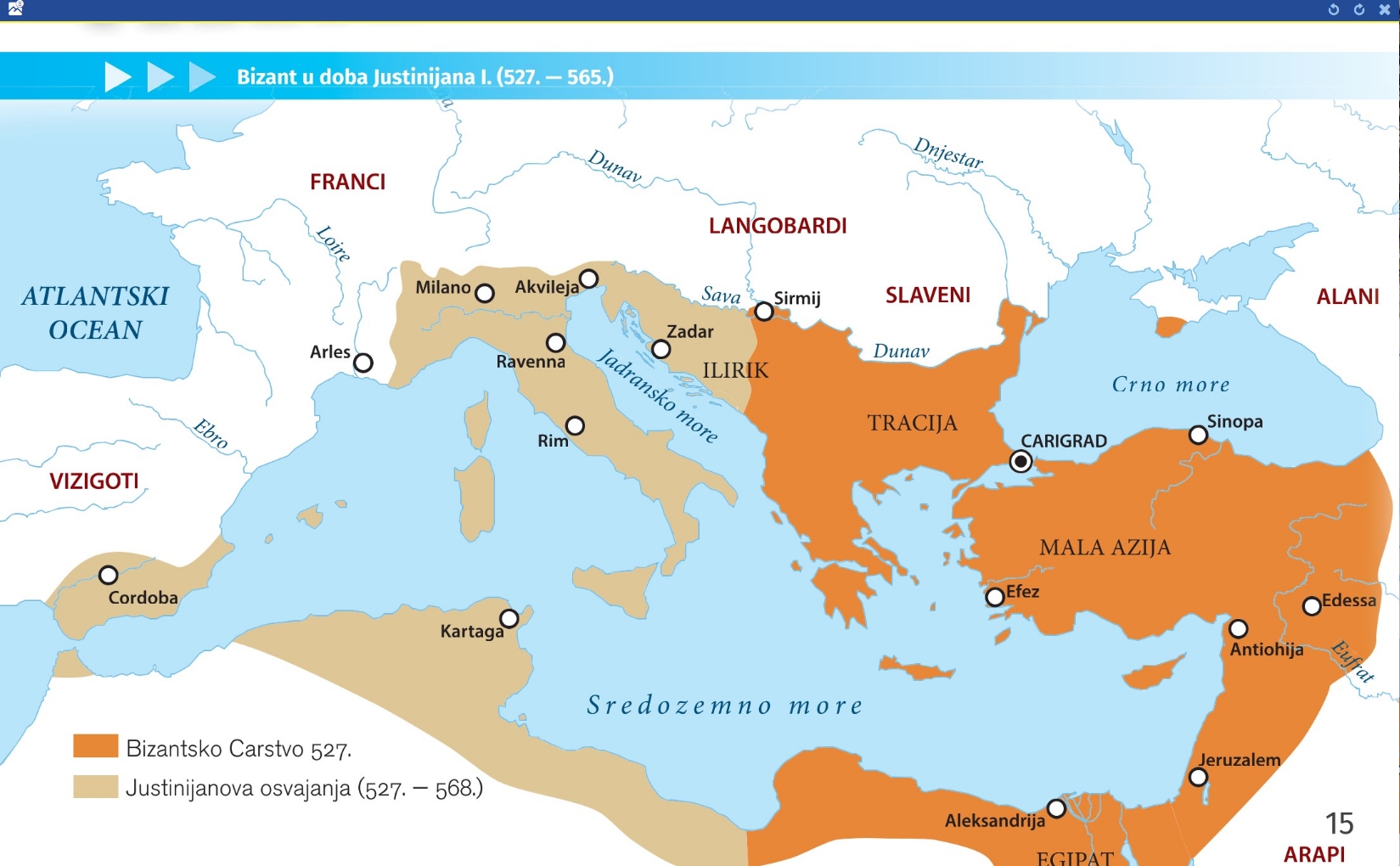 Karta Bizantskog Carstva za vrijeme Justinijana I.